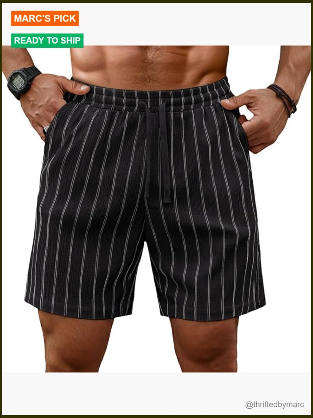Men's 7" Striped Shorts Elastic Waist Drawstring Pockets Casual Summer